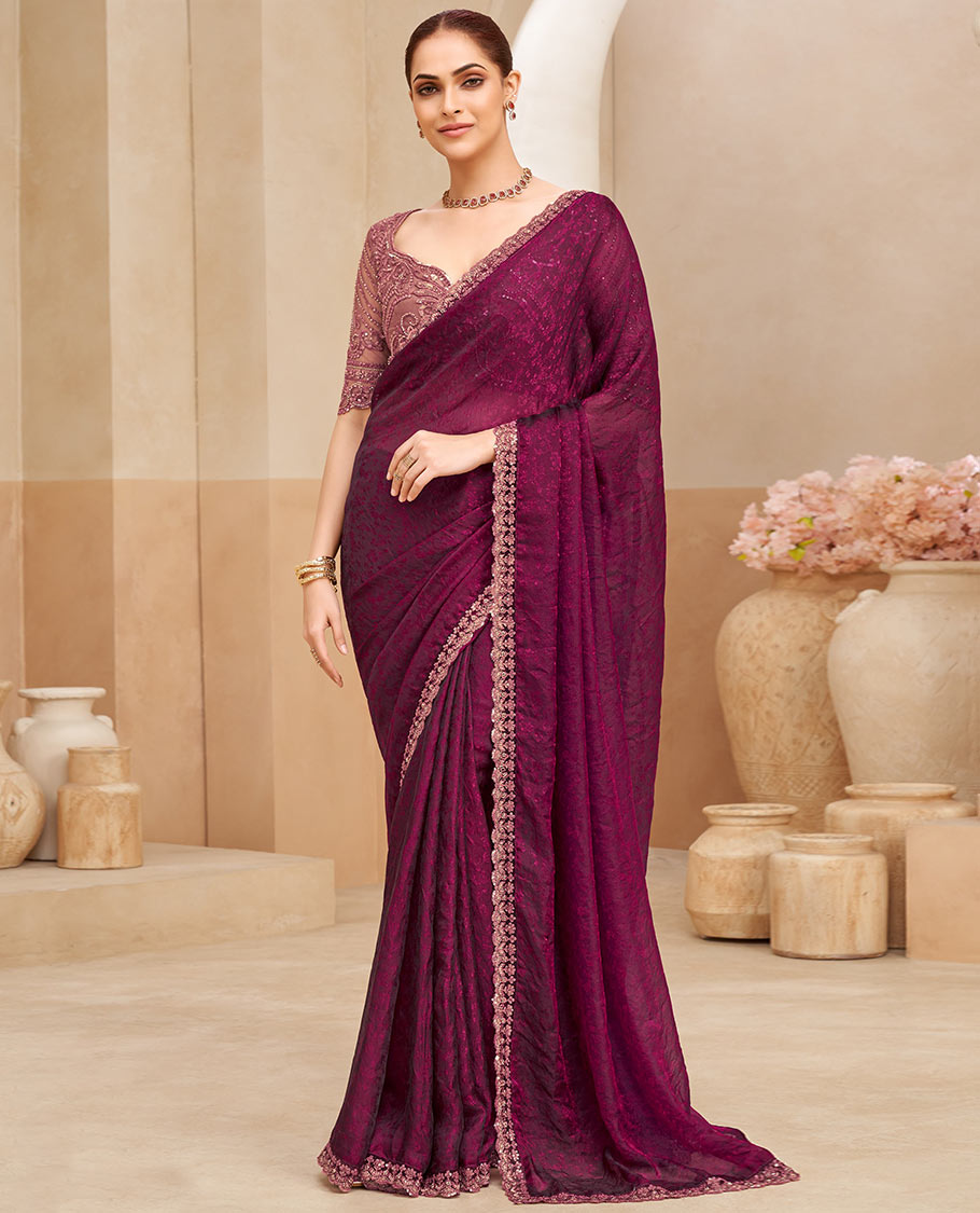 Purple floral vine designer saree, scallop floral embroidered border