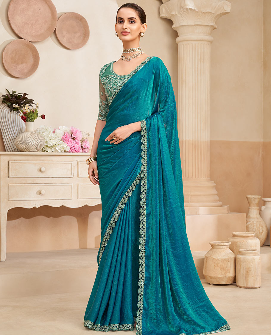 Peacock blue plain designer saree, scallop floral embroidered border