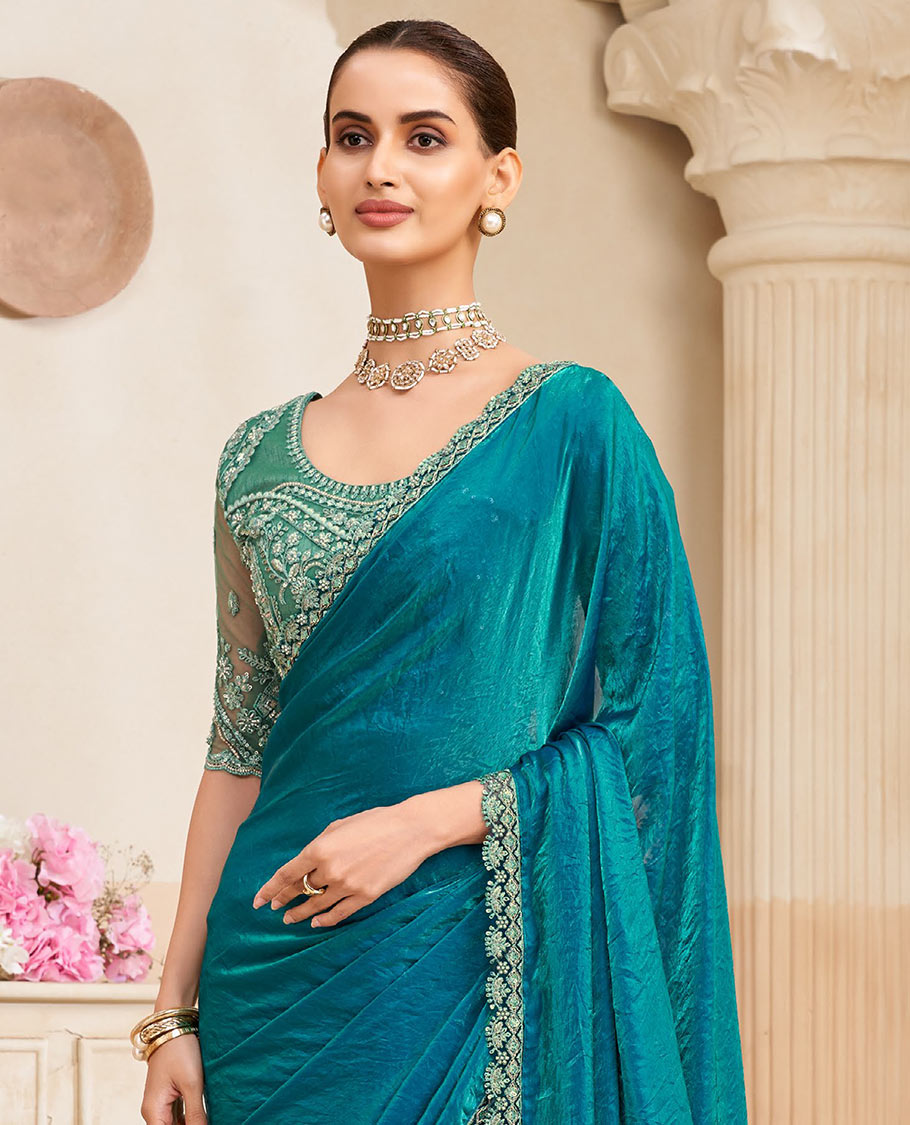 Peacock blue plain designer saree, scallop floral embroidered border
