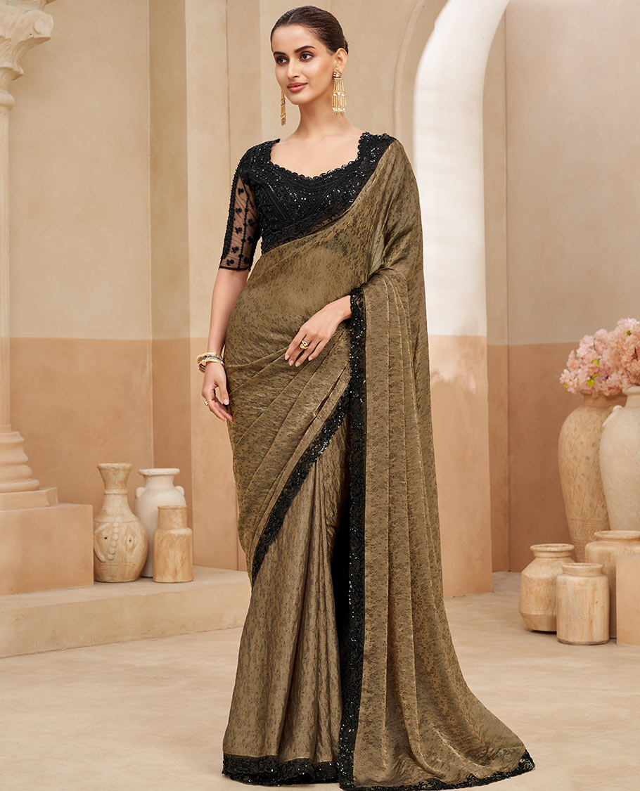 Pale brown floral vine designer saree, contrast sequins embroidered scallop border