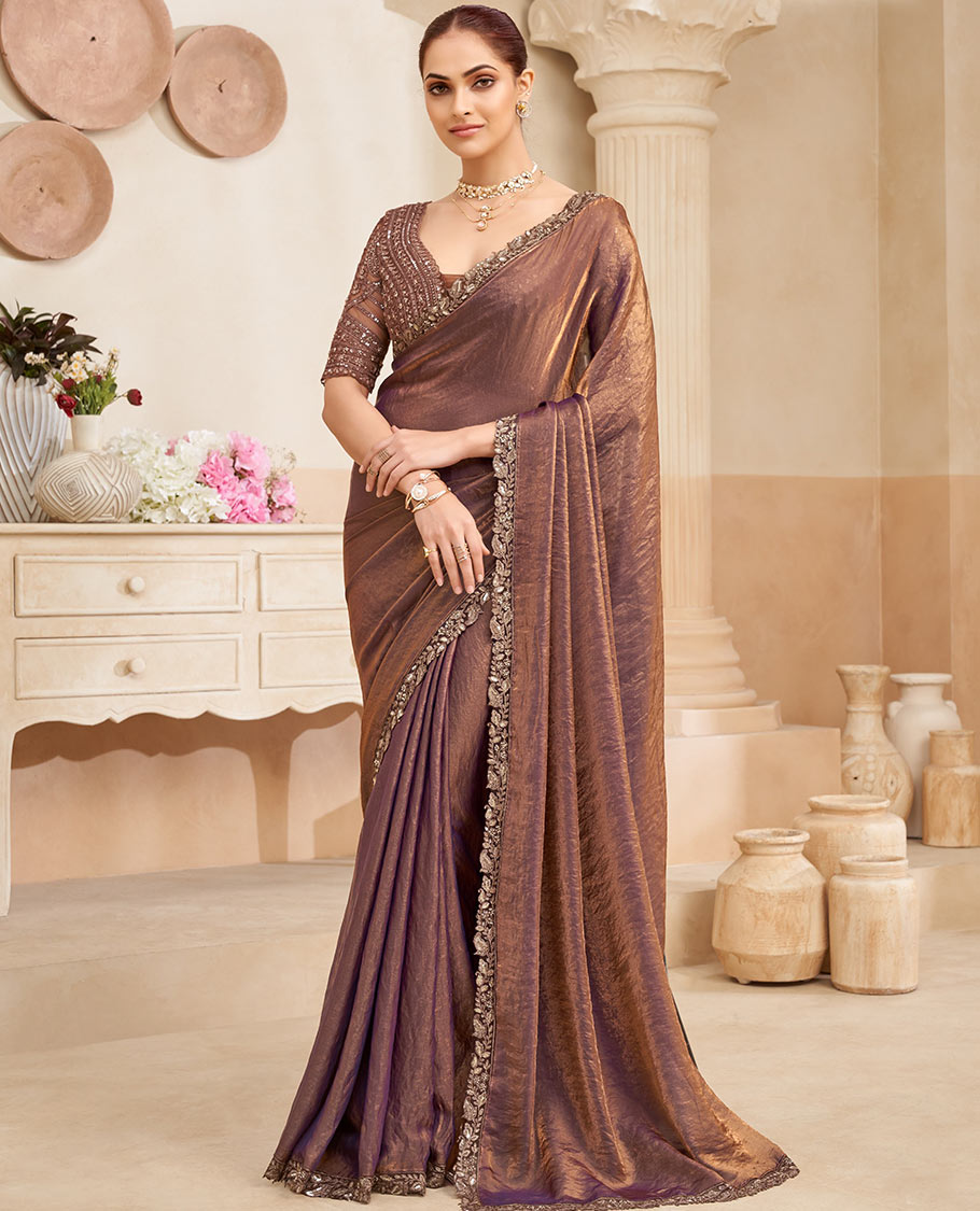 Brown plain designer saree, contrast paisley vine embroidered scallop border