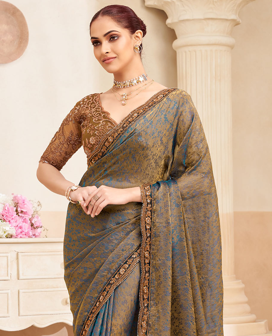 Blue floral vine designer saree, contrast embroidered scallop border