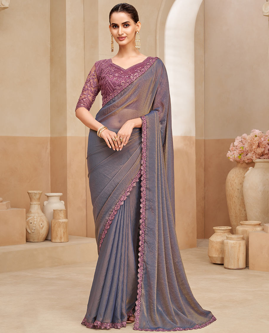 Blue-grey plain designer saree, contrast paisleys embroidered scallop border