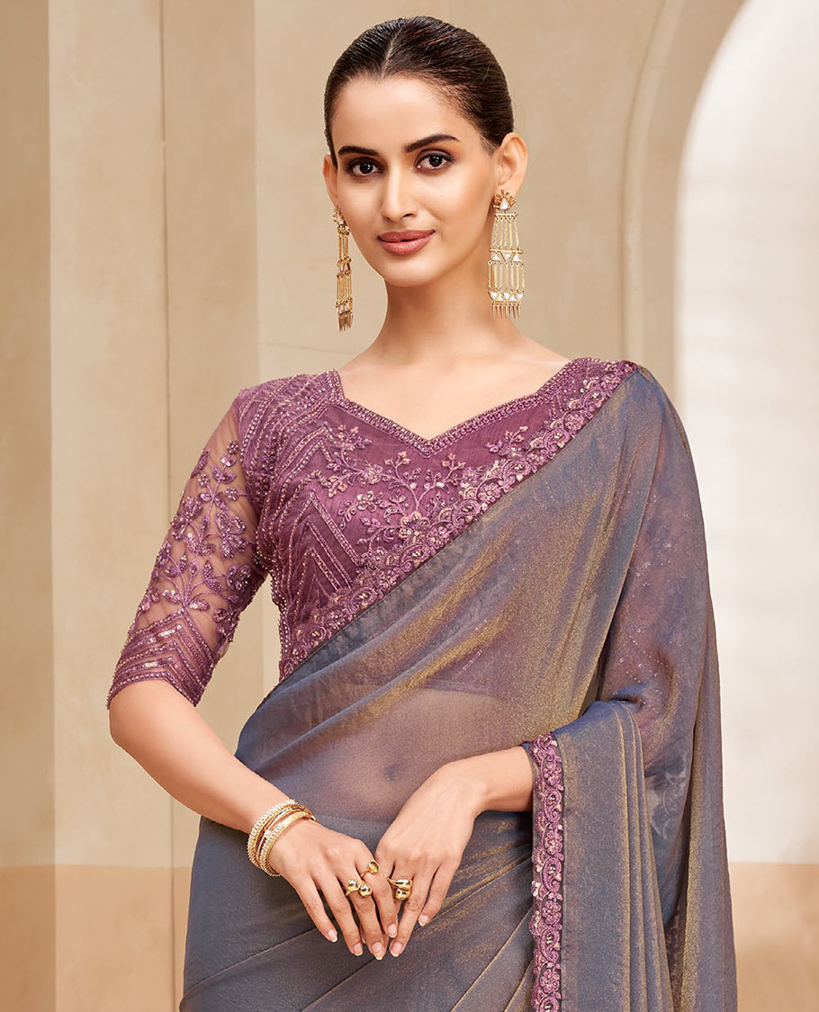 Blue-grey plain designer saree, contrast paisleys embroidered scallop border