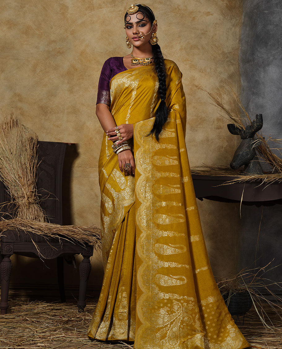 Yellow floral vertical striped designer saree, scallop floral and big paisley design border, and zari woven pallu