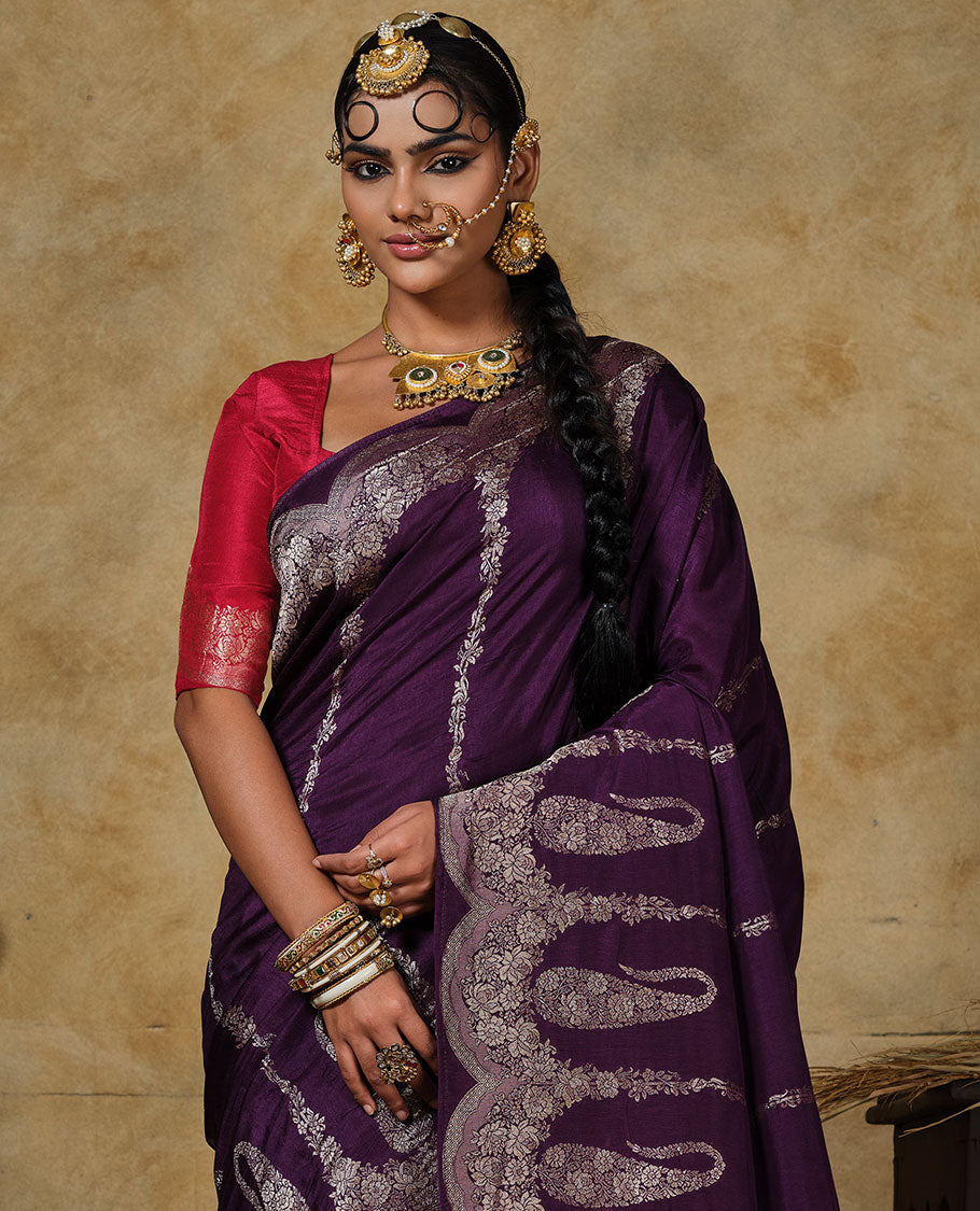Purple floral vertical striped designer saree, scallop floral and big paisley design border, and zari woven pallu