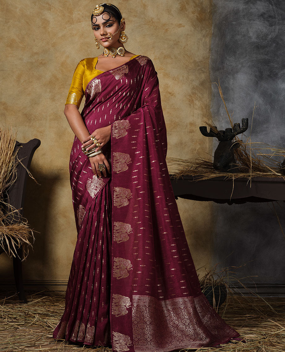 Borderless maroon buttas with elephant buttas designer saree, Mughal-style jacquard pallu