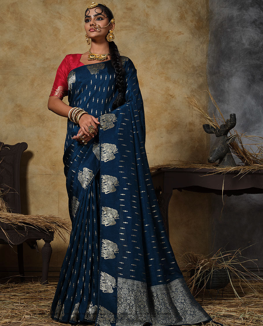 Borderless blue buttas with elephant buttas designer saree, Mughal-style jacquard pallu