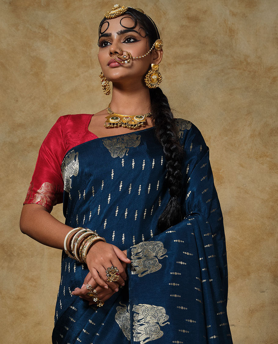 Borderless blue buttas with elephant buttas designer saree, Mughal-style jacquard pallu