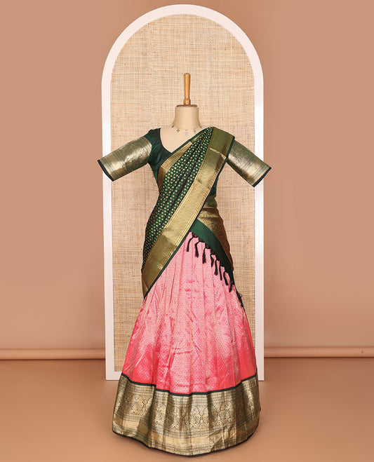 Pink checked floral design readymade silk half saree with contrast intricate zari design border, floral design blouse & floral design dhavani