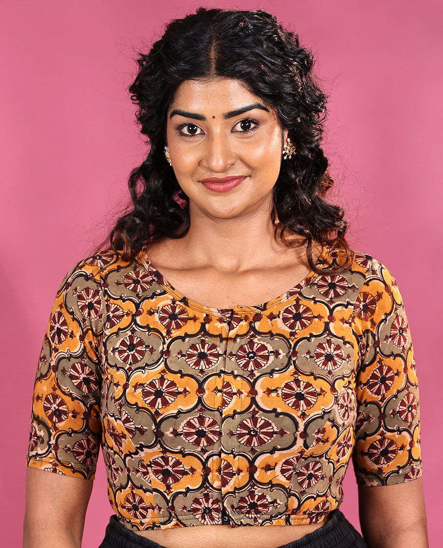 Yellow Cotton Readymade Blouse Artfully Detailed with Ogee Patterns Print, Featuring Front Round Neck, Back Boat Neck, and Half Sleeves