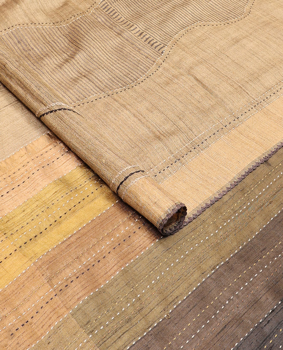 Light brown abstract design tussar silk saree with contrast plain border & striped pallu