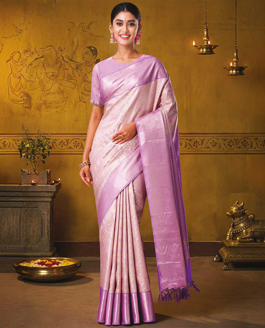 Baby Pink Kanchipuram Wedding Silk Saree Accentuated with Jacquard Design Weave on Its Body, Contrast Border of Rekku, Muthu, Cross Kamalam, Kodi Visiry, and Then Kuli Kann Designs, Paired with a Contrast Blouse