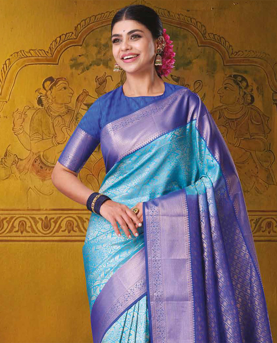 Blue jacquard Kanchipuram wedding silk saree, contrast traditional zari design border, and jaal pallu