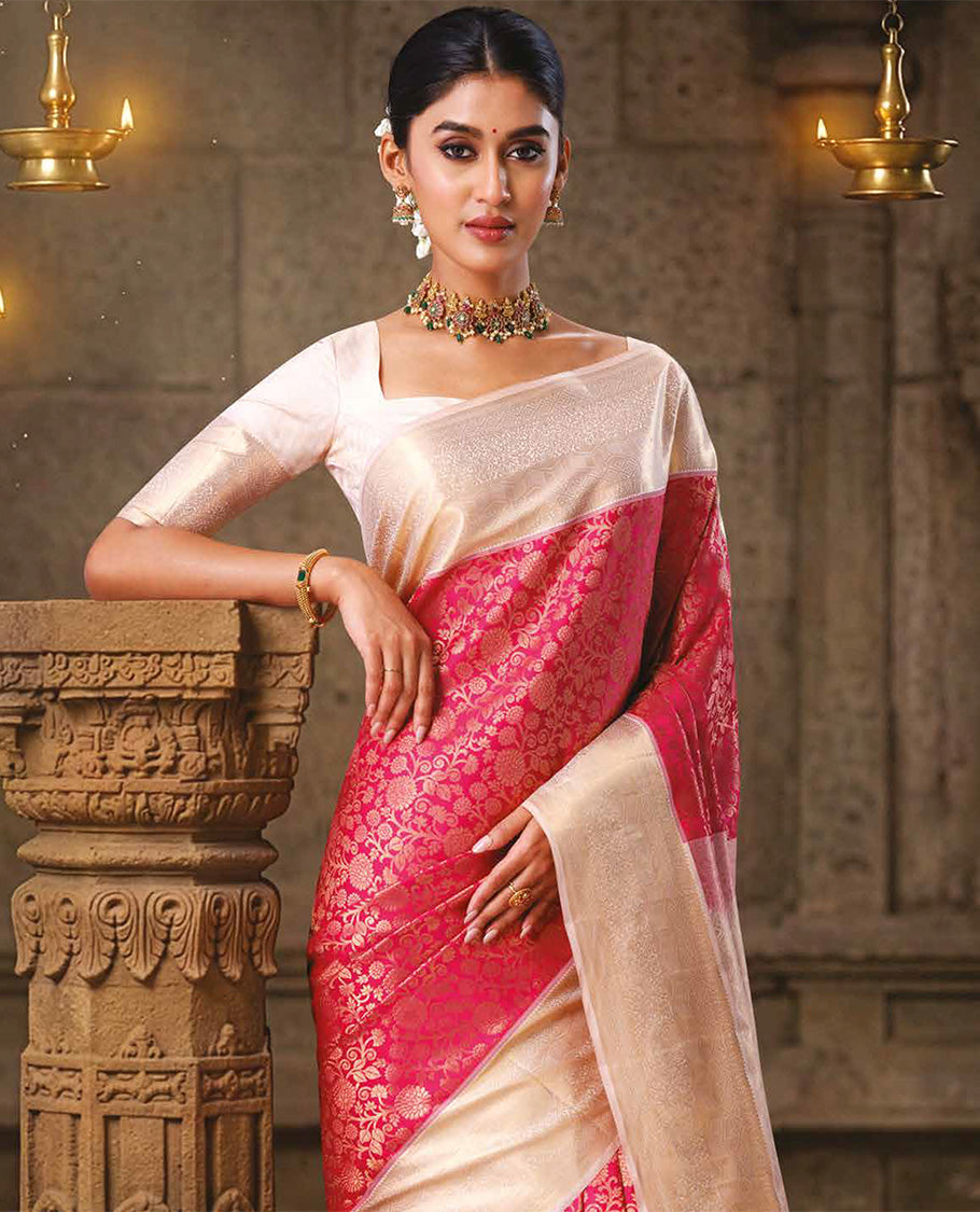 Red floral jaal jacquard kanchipuram wedding silk saree, contrast traditional zari design border, and intricate pallu