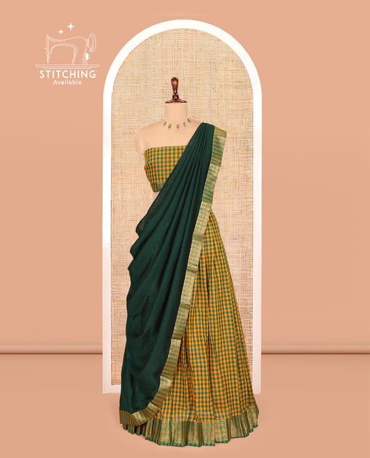 Yellow-Green Chettinad Cotton Micro-Checked Half-Saree, a Traditional Bordered Skirt, a Matching Blouse, Contrast Blouse