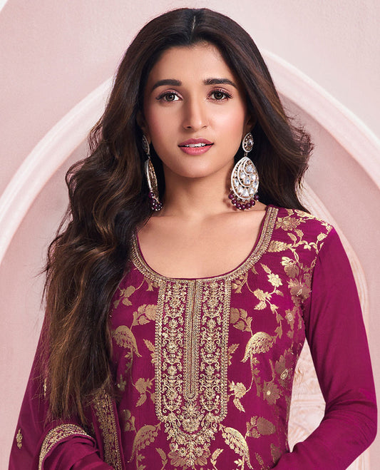 Maroon dress material catalouge floral embroidery top with plain bottom & floral embroidey dupatta