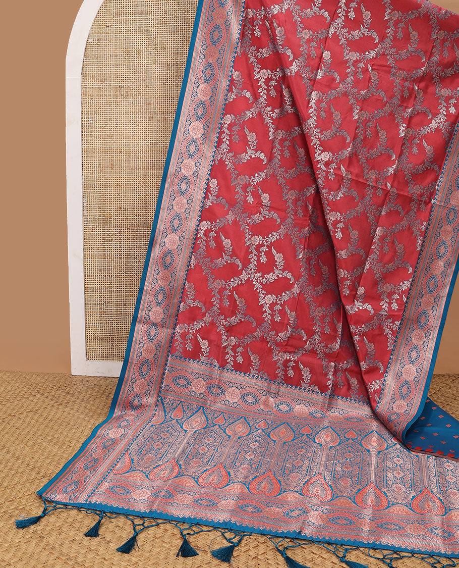 Maroon floral jaal design butter silk saree with contrast intricate zari design border & floral design pallu