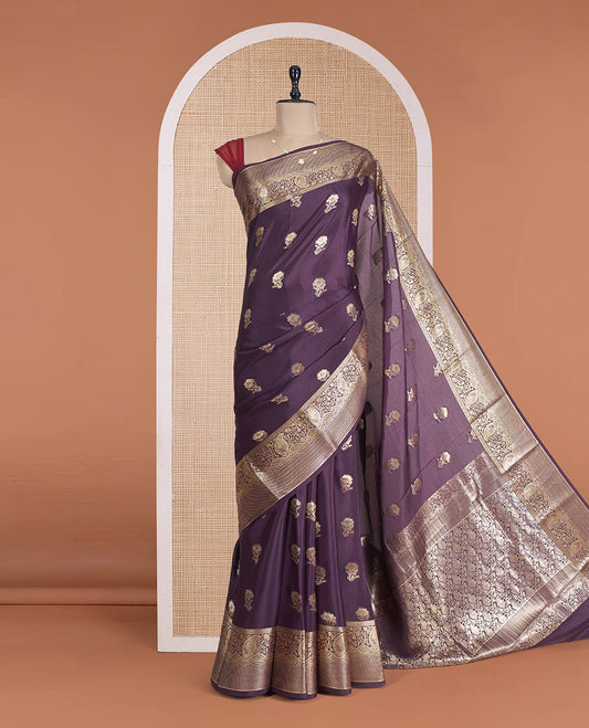Egglant Purple Mysore Silk Saree Embellished with Floral Zari Buttas All Over Its Body, Complemented by a Zari Border of Traditional Designs, Intricately Designed Pallu, and a Matching Blouse