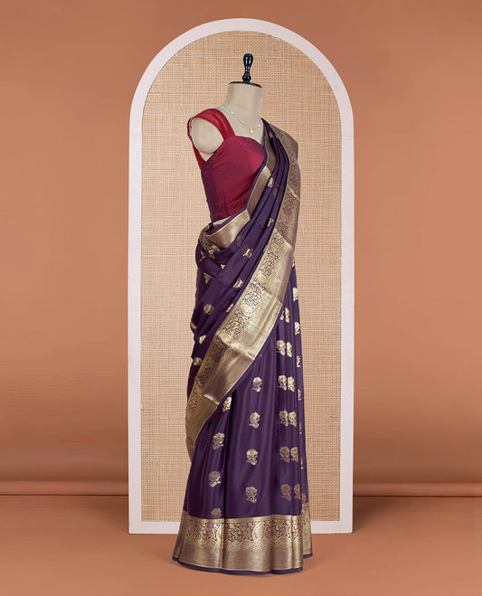 Egglant Purple Mysore Silk Saree Embellished with Floral Zari Buttas All Over Its Body, Complemented by a Zari Border of Traditional Designs, Intricately Designed Pallu, and a Matching Blouse
