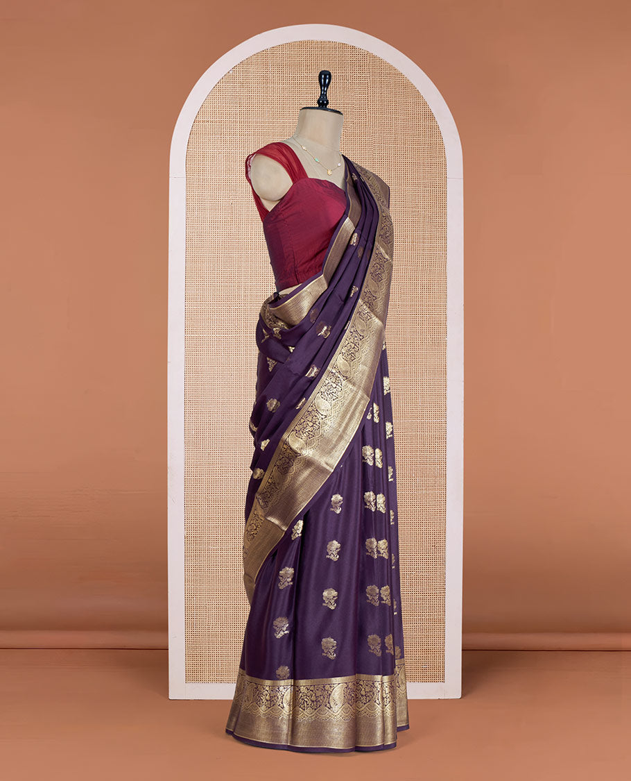 Egglant Purple Mysore Silk Saree Embellished with Floral Zari Buttas All Over Its Body, Complemented by a Zari Border of Traditional Designs, Intricately Designed Pallu, and a Matching Blouse