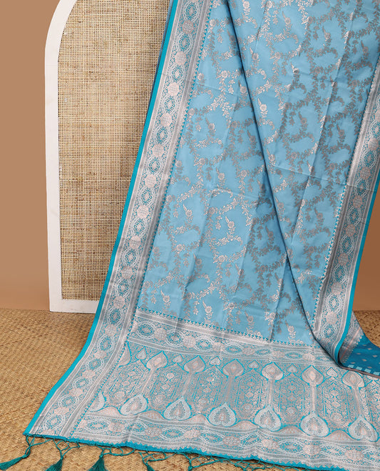 Light blue floral jaal design butter silk saree with self intricate zari design border & floral design pallu