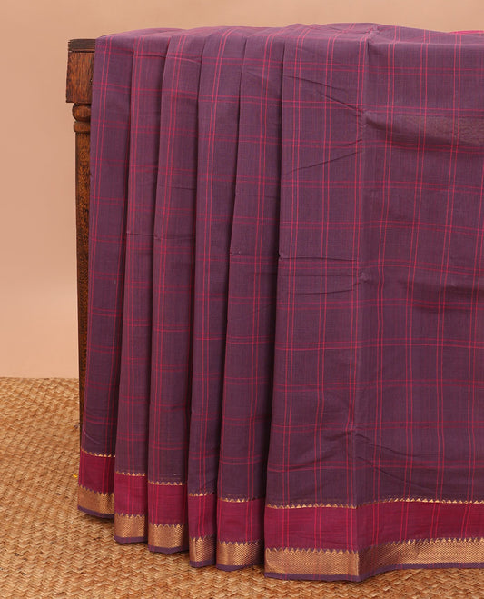 Purple checked mangalgiri cotton saree with contrast temple border & pallu of checks