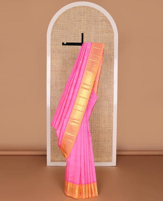 Pink buttas kancheepuram silk saree with contrast border of thilakam mokku, banaras, checked design & zari design pallu