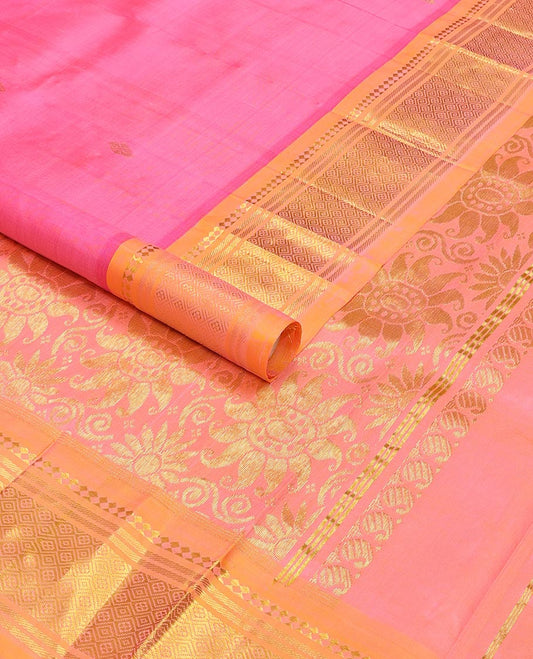 Pink buttas kancheepuram silk saree with contrast border of thilakam mokku, banaras, checked design & zari design pallu