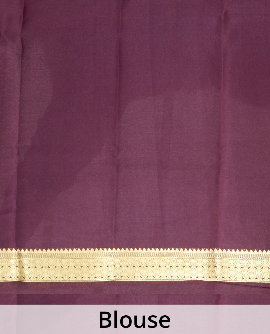 Pink Plain Mysore Silk Saree, Complemented by a Contrast Rettai Pettu Border of Traditional Zari Designs, a Simply Sparkled Pallu of Zari Stripes, and a Contrast Blouse