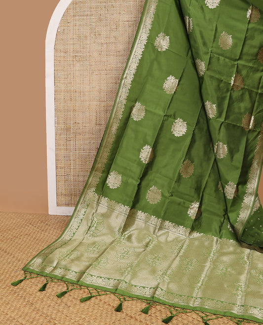 Green floral motifs design butter silk saree with self intricate zari design border & floral design pallu