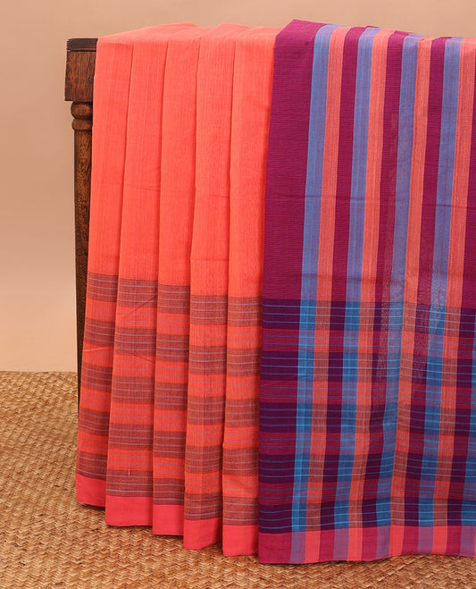 Peach mangalgiri cotton saree with contrast striped border & striped pallu