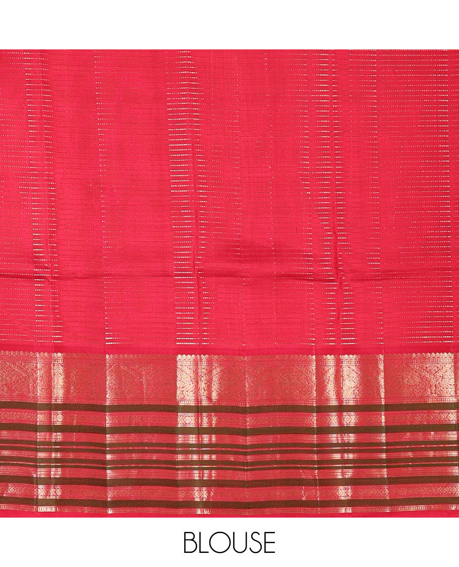 Yellow Muthu striped silk saree, contrast border of thilakam mokku, Muthu, banaras, mayil, kamalam, and neli designs, and intricate pallu