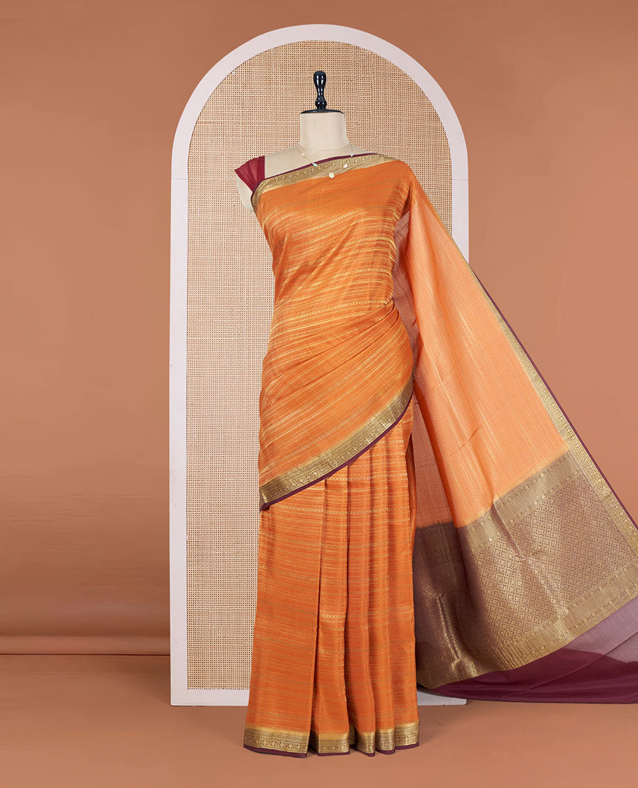 Orange Mysore Silk Saree Steeped with Geometric Zari Patterns All Over Its Body, Complemented by a Contrast Border of Traditional Zari Designs, a Grandly Woven Pallu of Jaal Design, and a Contrast Blouse