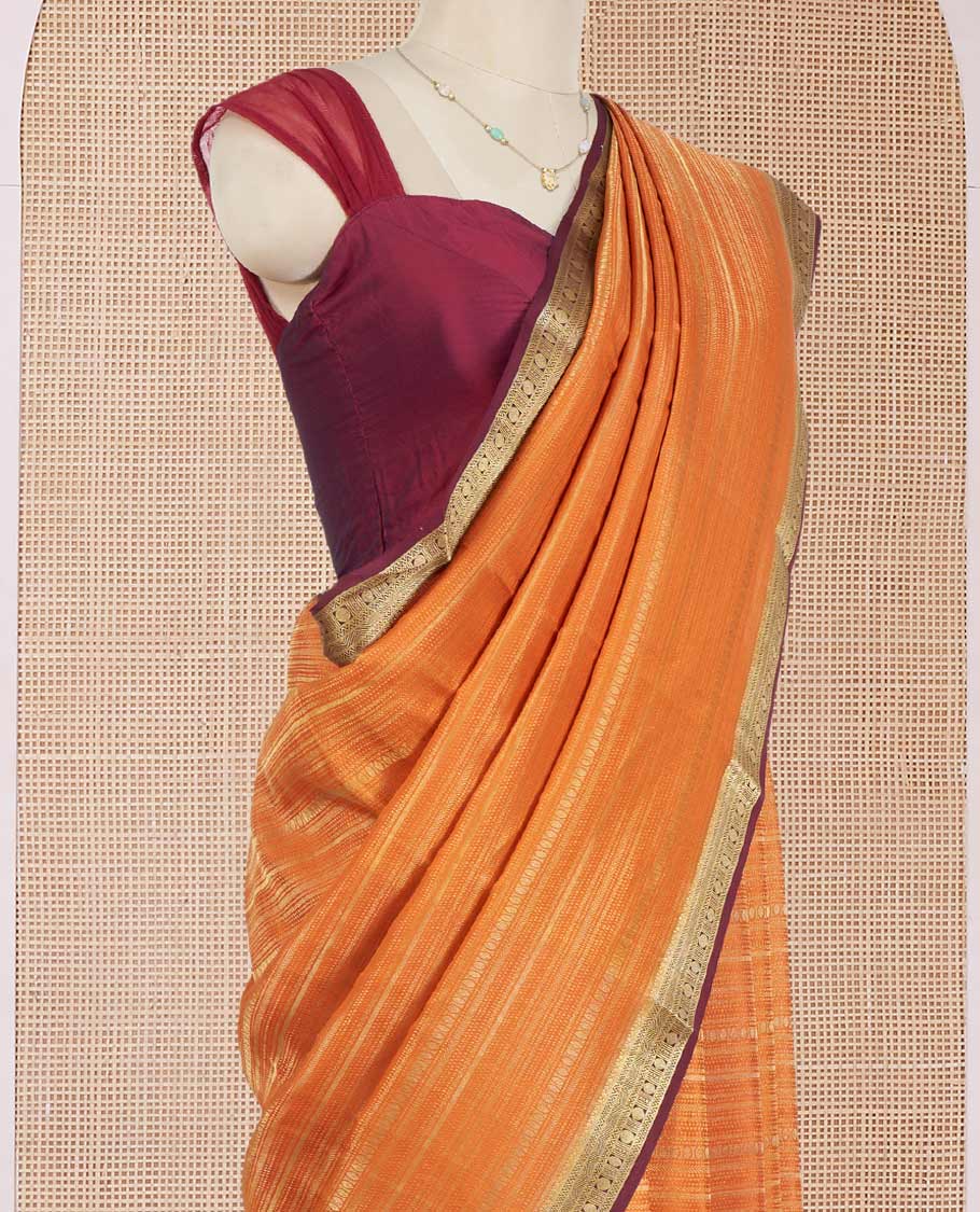 Orange Mysore Silk Saree Steeped with Geometric Zari Patterns All Over Its Body, Complemented by a Contrast Border of Traditional Zari Designs, a Grandly Woven Pallu of Jaal Design, and a Contrast Blouse