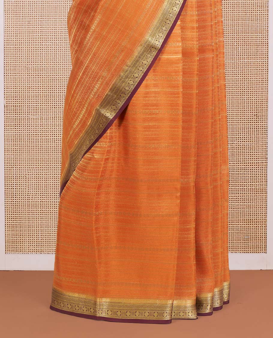Orange Mysore Silk Saree Steeped with Geometric Zari Patterns All Over Its Body, Complemented by a Contrast Border of Traditional Zari Designs, a Grandly Woven Pallu of Jaal Design, and a Contrast Blouse