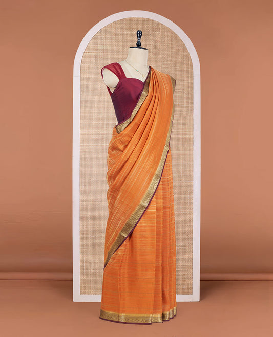 Orange Mysore Silk Saree Steeped with Geometric Zari Patterns All Over Its Body, Complemented by a Contrast Border of Traditional Zari Designs, a Grandly Woven Pallu of Jaal Design, and a Contrast Blouse