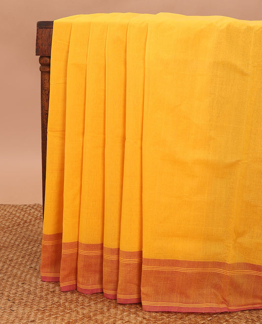 Orange mangalgiri cotton saree with contrast striped border & striped pallu