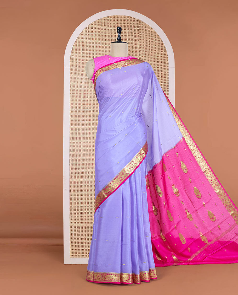Lavender Mysore Silk Saree Ornamented with  Zari Buttas All Over Its Body, Complemented by a Contrast Border of Floral Zari Designs, a Subtly Sparkled Pallu of Zari Designs, and a Contrast Blouse