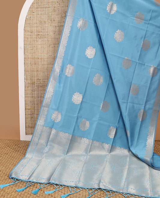 Baby blue floral motifs design butter silk saree with self floral zari design border & floral design pallu