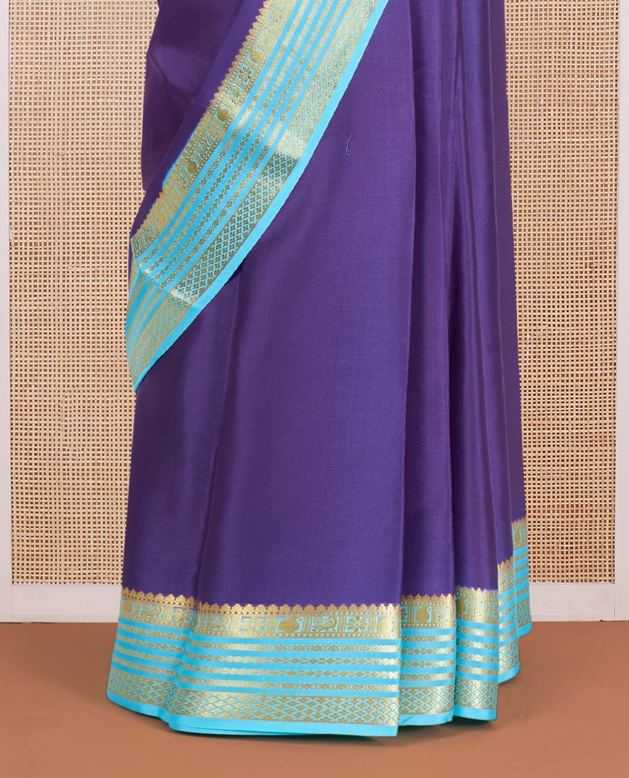 Blue Plain Mysore Silk Saree, Enthralled by a Contrast Varisai Pettu Border of Traditional Zari Designs, a Subtly Sparkled Pallu of Zari Stripes, and a Contrast Blouse