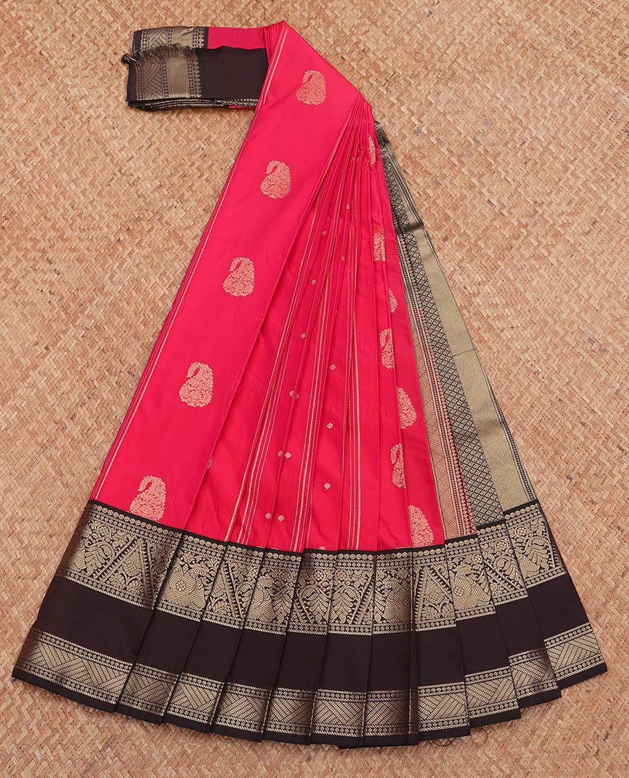 Red Budget Silk Saree, Adorned with Buttas and Stripes, Complemented by a Contrast Traditional Zari Rettai Pettu Border, Grand Jaal Pallu, and a Contrast Blouse