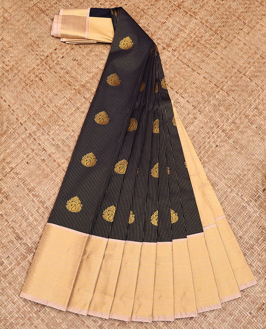Black Budget Silk Saree, Detailed with Zari Stripes and Paisley Buttas All Over Its Body, Complemented by a Contrast Traditional Zari Design Border, Grand Pallu of Jaal Designs, and Paired with a Contrast Blouse