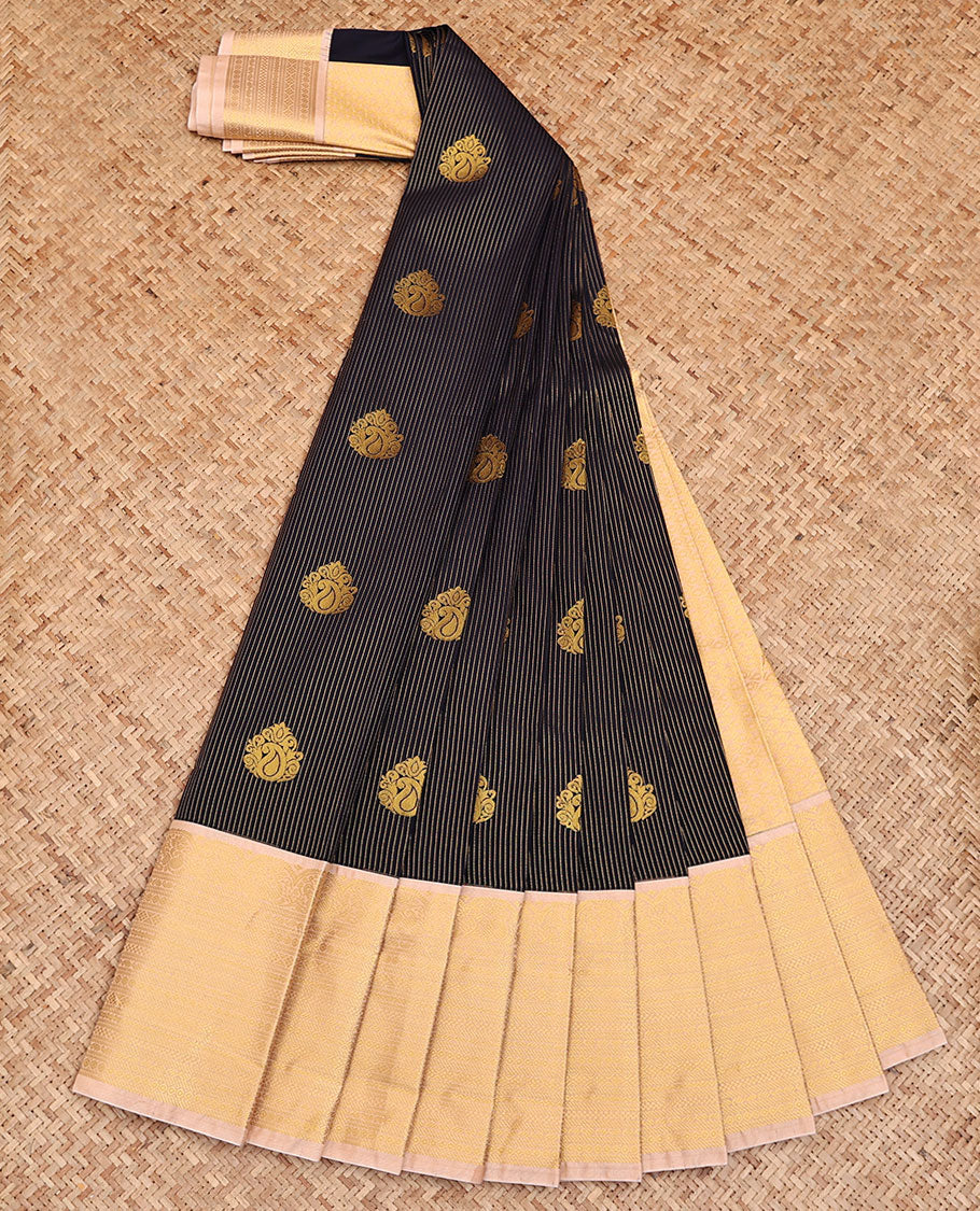 Black Budget Silk Saree, Detailed with Zari Stripes and Paisley Buttas All Over Its Body, Complemented by a Contrast Traditional Zari Design Border, Grand Pallu of Jaal Designs, and Paired with a Contrast Blouse
