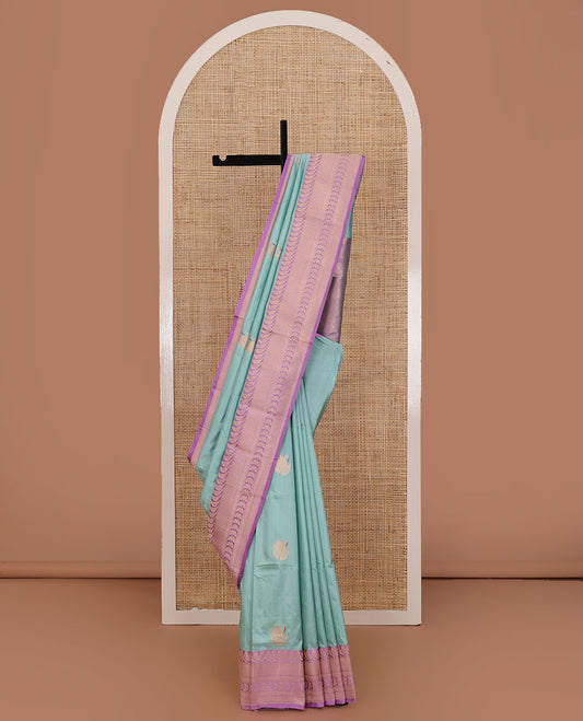 Blue zari swan buttas katan silk saree, contrast bird, and floral design border, and jaal pallu