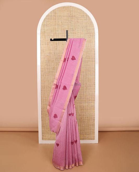 Pink heart motifs chanderi cotton saree with self zari border & striped zari pallu