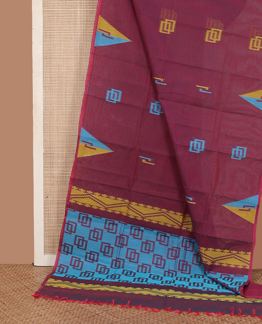 Borderless maroon geometric motifs kanchi cotton saree, pallu steeped with geometric motifs