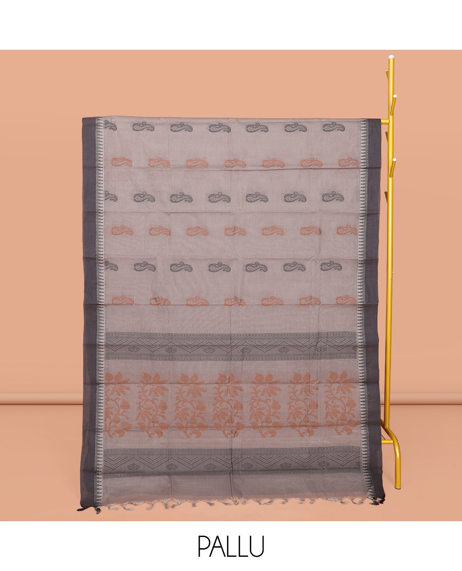 Grey Kanchi Cotton Saree, Adorned with Buttas All Over Its Body, Complemented by a Contrast Temple Border, Pallu of Floral and Geometric Design, and Paired with Matching Blouse