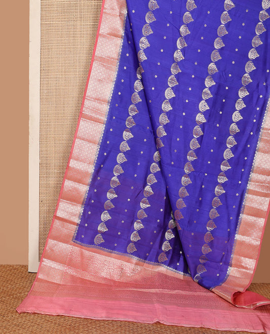 Royal blue floral meena buttas raw mango silk saree, contrast floral ogee patterned border, and floral design pallu