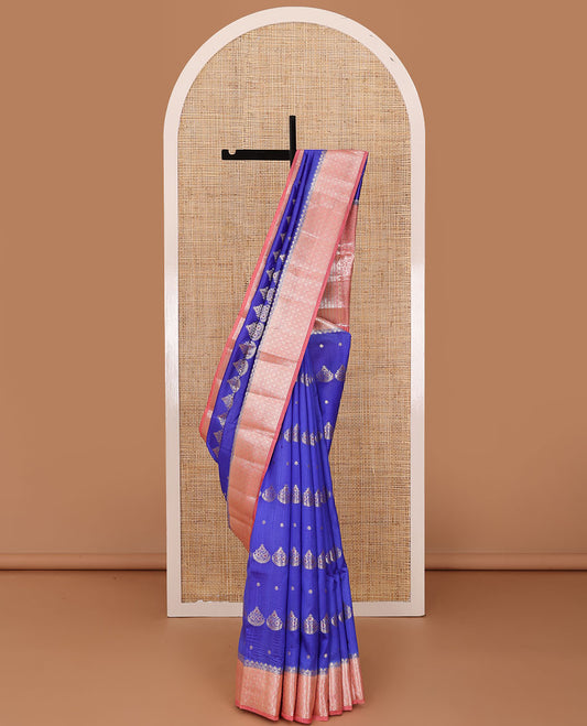 Royal blue floral meena buttas raw mango silk saree, contrast floral ogee patterned border, and floral design pallu